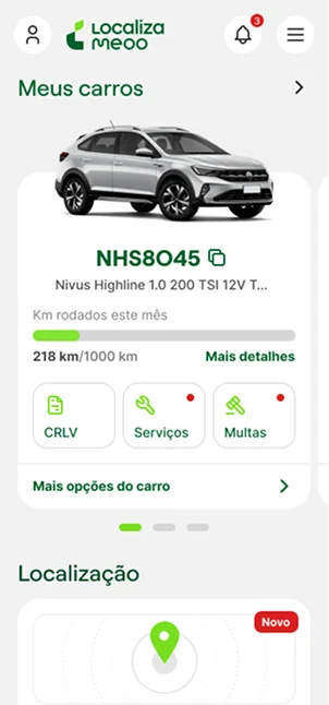 Tela do aplicativo Meoo - Meus carros